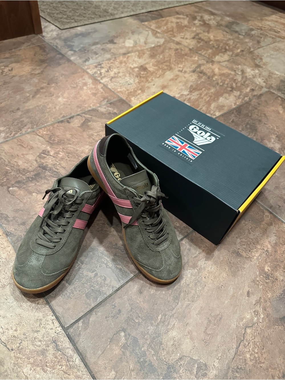 Gola Olive Suede Sneakers with Pink Stripes